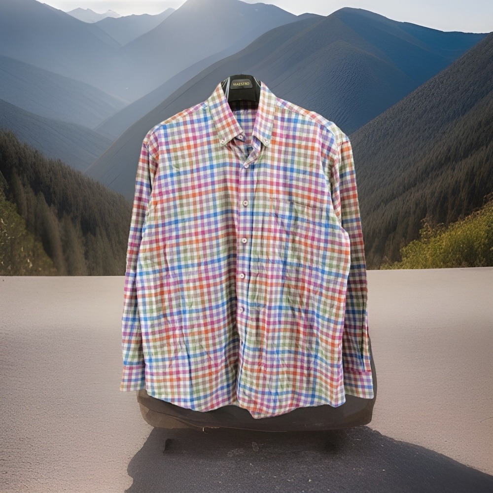 Alan Flusser Mens‎ Multicolor Plaid Button-Up Shirt Size Medium 100% Cotton